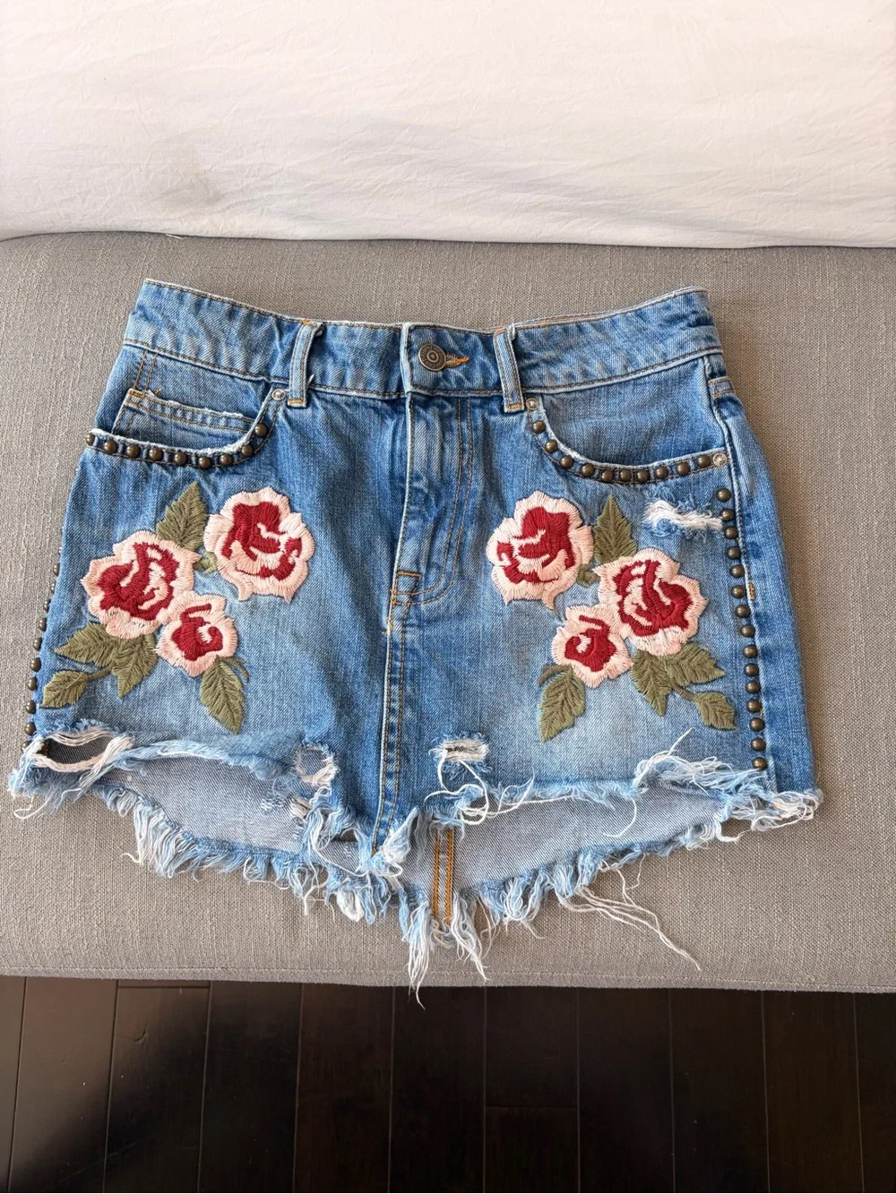 Free People Embroidered Floral Denim Mini Skirt